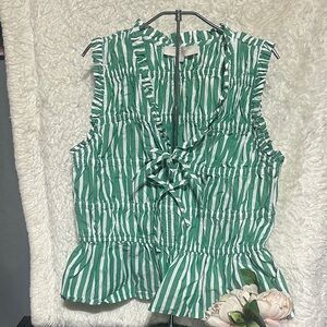 LOFT Green and White Striped Ruffle Blouse